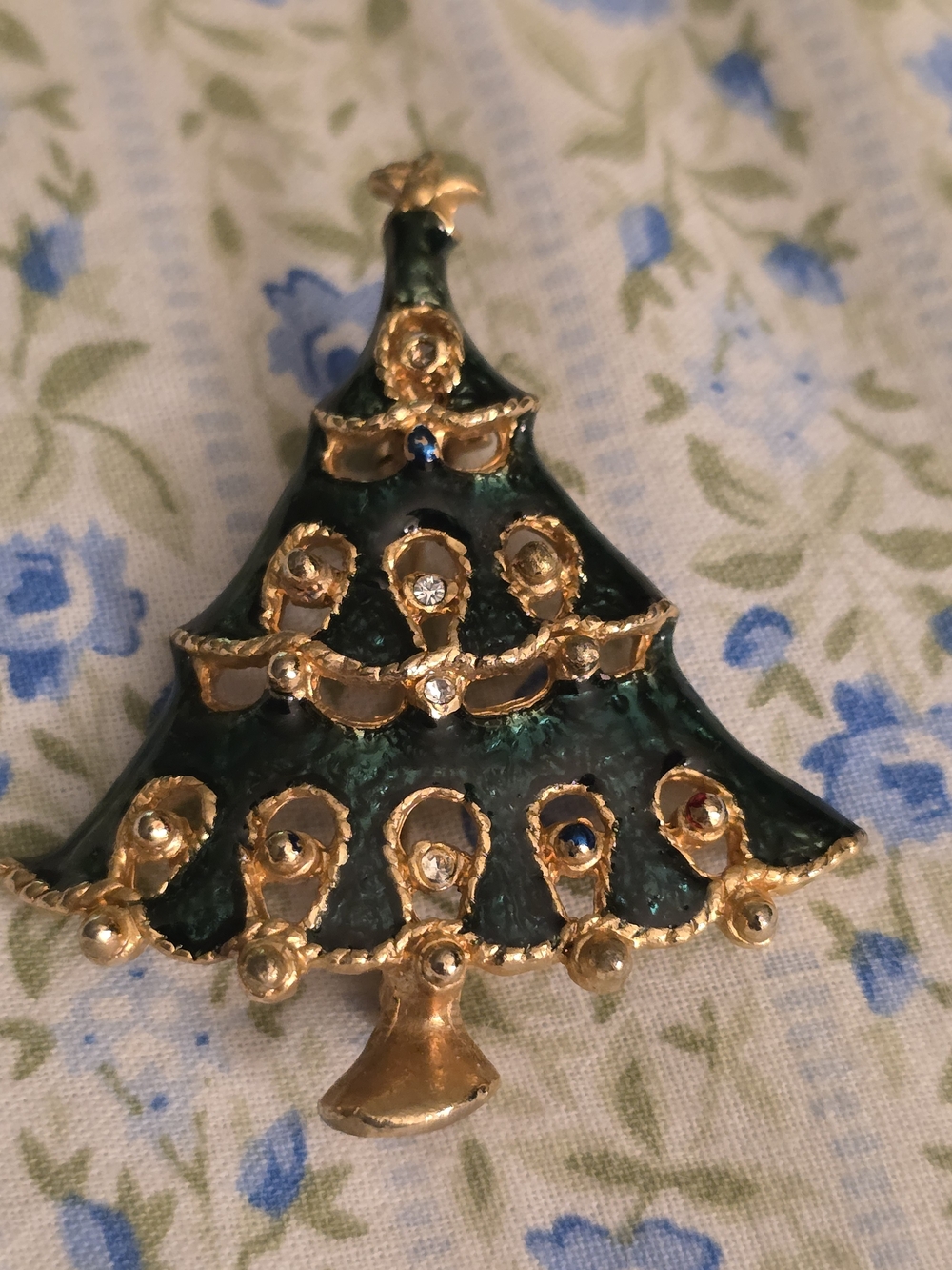 Gold-Tone Green Enamel Christmas Tree Brooch with Rhinestones